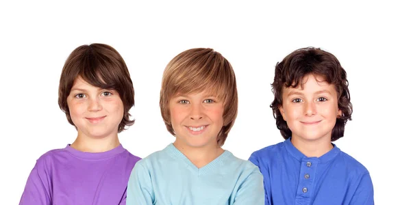 Drei Kinder Blicken Vereinzelt Auf Kamera Auf Weißem Hintergrund — Stockfoto