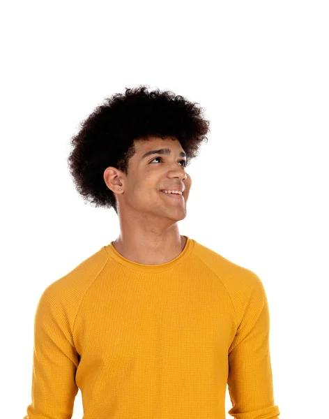黄色のTシャツを持つペンシブティーンエイジャーの少年 — ストック写真