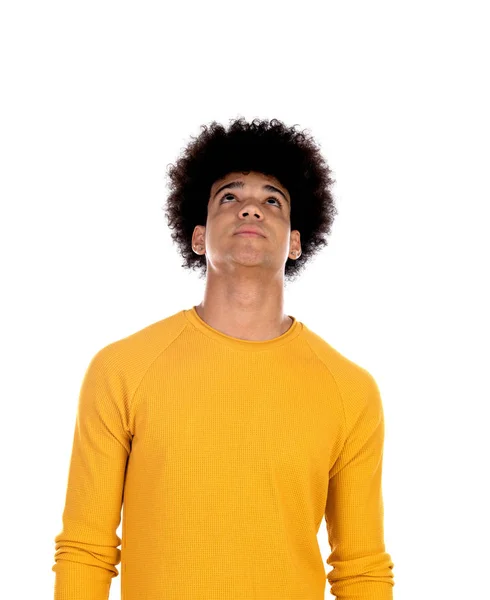 Pensive teenager boy wiht yellow t-shirt — Stock Photo, Image