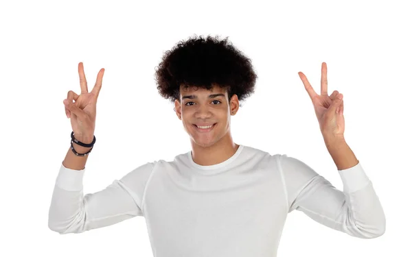 Happy afro guy doing the victory symbol — Stock Photo, Image