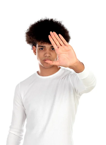 Ernste afro Kerl zeigt seine Hand — Stockfoto