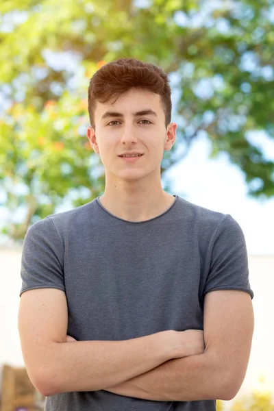 Attractive Teenager Guy Park Green Plants Background — Stock Photo, Image