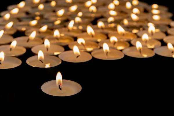 Many Small Burning Candles Wooden Surface — Stock Photo, Image