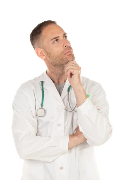 Pensive Young Doctor Wearing White Gown Isolated White Background — Stock Photo, Image