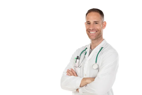 Jovem Médico Vestindo Vestido Branco Com Estetoscópio Fundo Branco — Fotografia de Stock