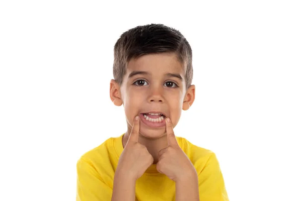 Divertido Niño Burlándose Con Boca Aislada Sobre Fondo Blanco —  Fotos de Stock