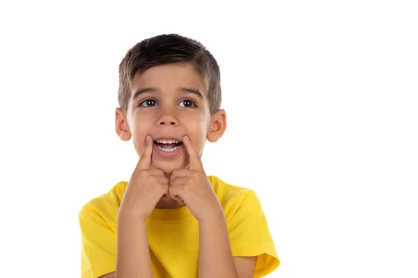 Funny Child Making Fun His Mouth Isolated White Background — Stock Photo, Image