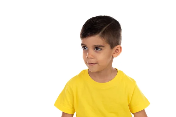 Happy Little Boy Geel Shirt Geïsoleerd Een Witte Achtergrond — Stockfoto