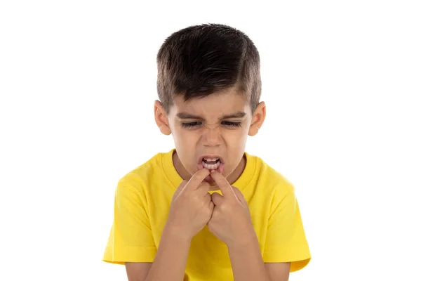 Funny Child Making Fun His Mouth Isolated White Background — Stock Photo, Image