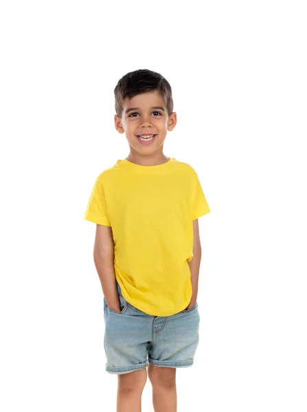 Ευτυχισμένο Αγοράκι Κίτρινο Μπλουζάκι Απομονωμένο Λευκό Φόντο — Φωτογραφία Αρχείου