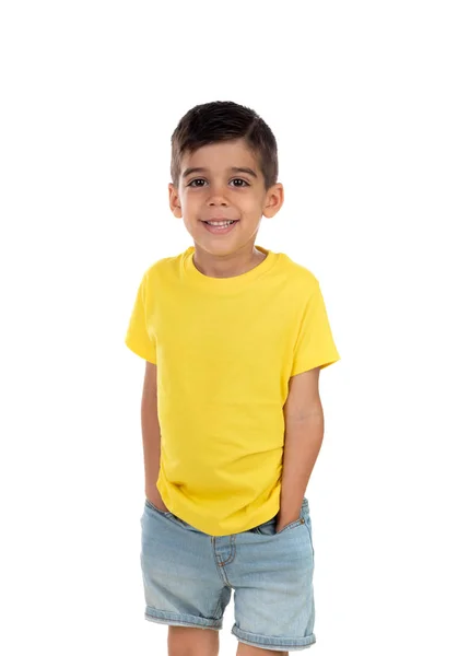 Menino Feliz Camiseta Amarela Isolado Fundo Branco — Fotografia de Stock