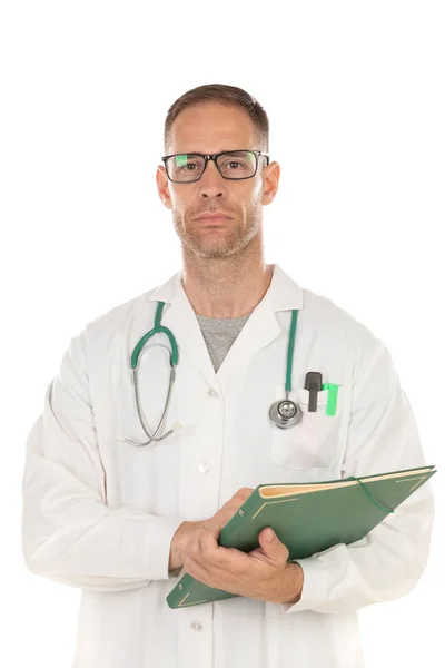 Médico bonito com óculos segurando documentos — Fotografia de Stock