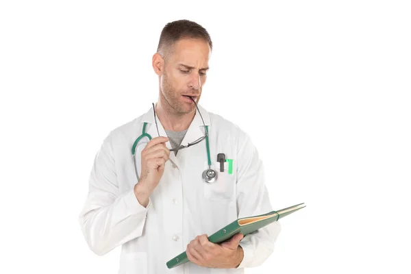 Handsome doctor with glasses holding documents — Stock Photo, Image