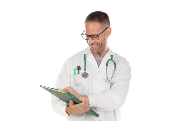 Handsome doctor with glasses holding documents — Stock Photo, Image