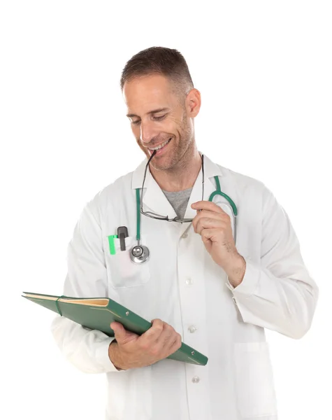 Handsome doctor with glasses holding documents — Stock Photo, Image