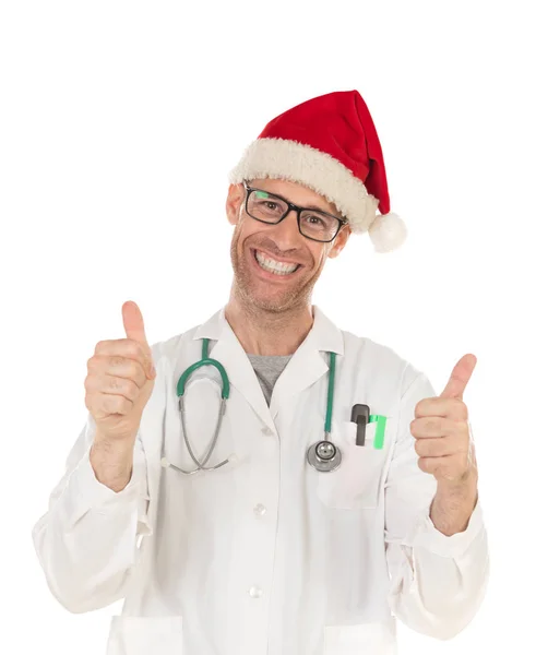 Όμορφος γιατρός με χριστουγεννιάτικο καπέλο φορώντας ένα χριστουγεννιάτικο καπέλο — Φωτογραφία Αρχείου