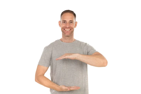 Yakışıklı Adam Elleri Beyaz Bir Arka Plan Üzerinde Izole Bir — Stok fotoğraf