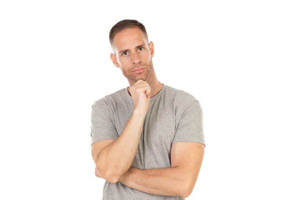 Pensive Guy Grey Shirt Isolated White Background — Stock Photo, Image