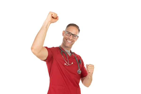 Vítězný doktor s červenou uniformu — Stock fotografie