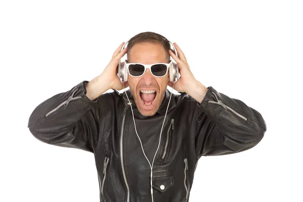 Excited guy listening music — Stock Photo, Image