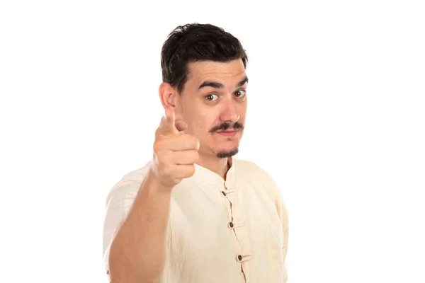 Handsome guy pointing something with his hands — Stock Photo, Image