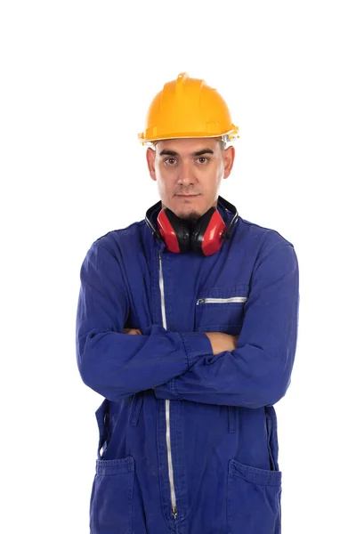 Travailleur de la construction avec casque jaune — Photo