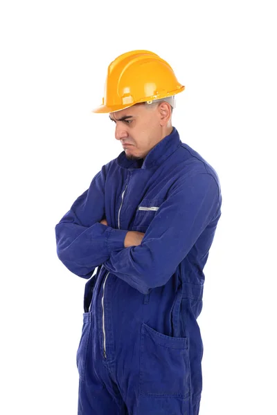 Trabajador enojado con casco amarillo — Foto de Stock