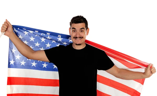 Homem com bigode segurando uma bandeira americana — Fotografia de Stock