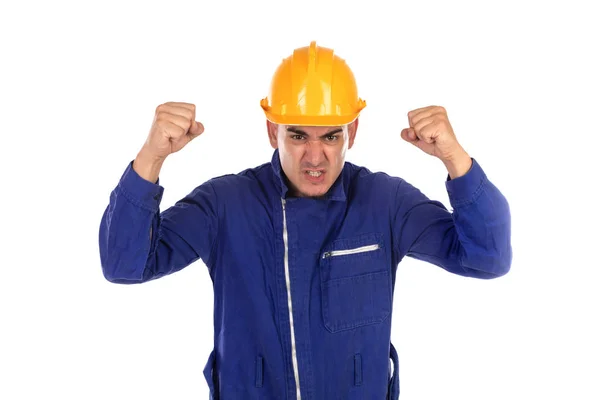 Rozzlobený pracovník se žlutou přilbou — Stock fotografie