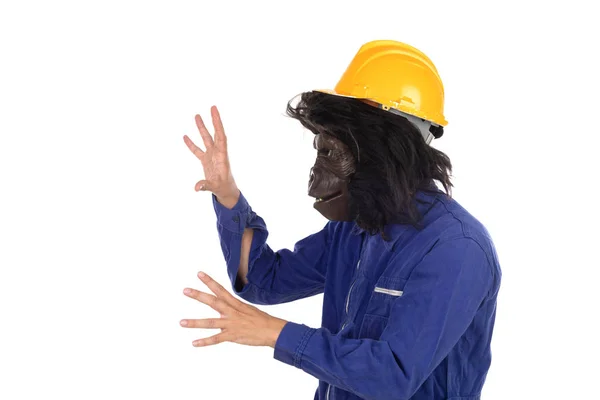 Gorilla met arbeider kleren en gele helm — Stockfoto