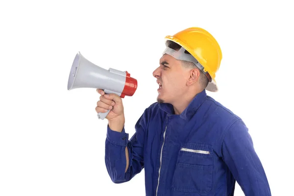 Construction worker with yellow helmet and megaphone — Stock Photo, Image