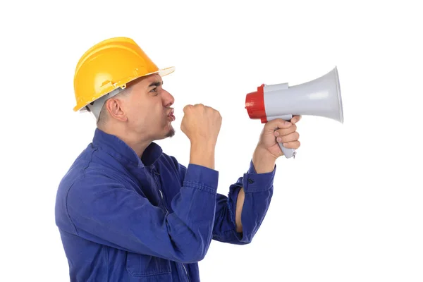 Pracownik budowlany z żółtym hełmem i megaphonem — Zdjęcie stockowe