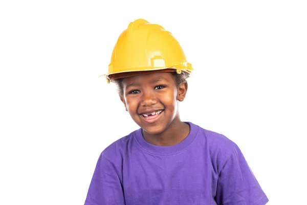 Cute Kid Yellow Helmet Isolated White Background — Stock Photo, Image