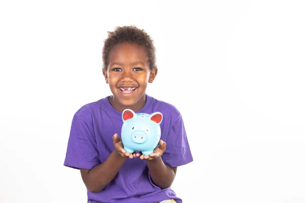 Funny African Child Piggybank Isolated White Background — Stock Photo, Image