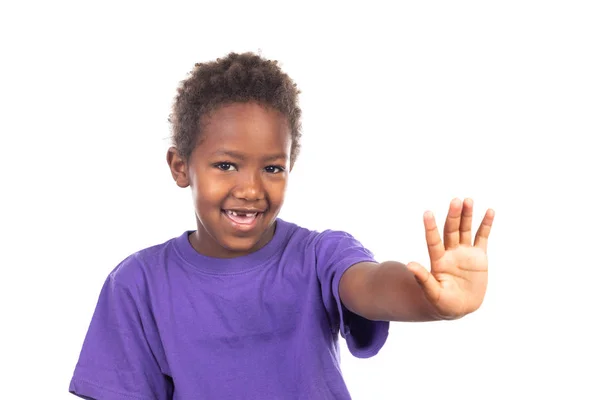 Grappige Afrikaans Kind Zeggen Stop Met Zijn Hand Geïsoleerd Een — Stockfoto