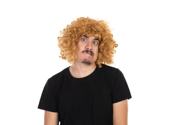Man with a mustache wearing a woman's wig — Stock Photo, Image