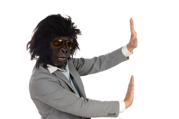Businessman with gorilla head gesturing — Stock Photo, Image