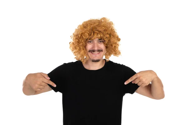 Man with a mustache wearing a woman's wig — Stock Photo, Image