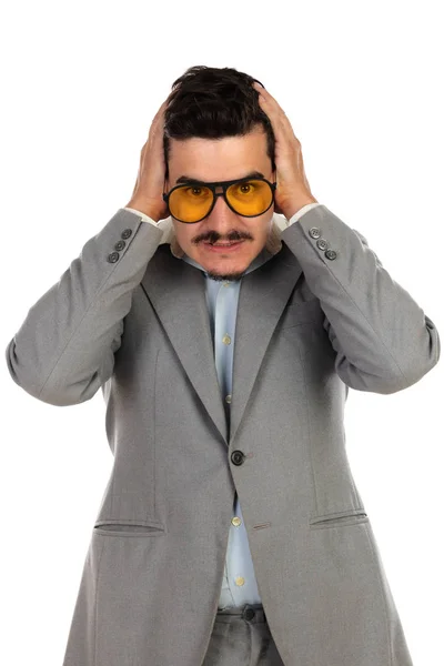 Special businessman with vintage glasses and grey suit — Stock Photo, Image