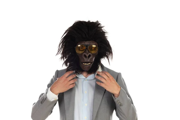 Zakenman Met Gorilla Head Gebaren Geïsoleerd Een Witte Achtergrond — Stockfoto