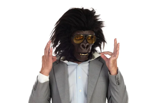 Zakenman Met Gorilla Head Gebaren Geïsoleerd Een Witte Achtergrond — Stockfoto