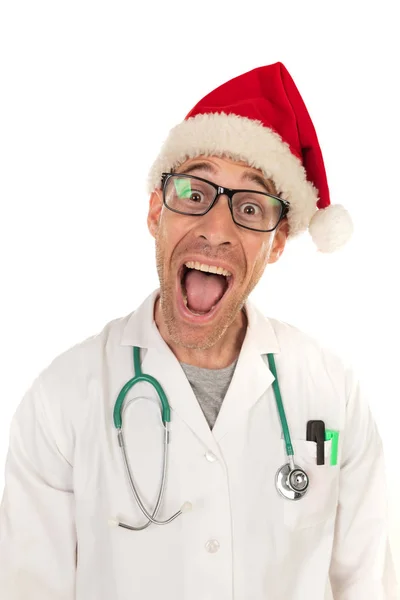 Handsome Doctor Christmas Hat Wearing Christmas Hat Isolated White Background — Stock Photo, Image