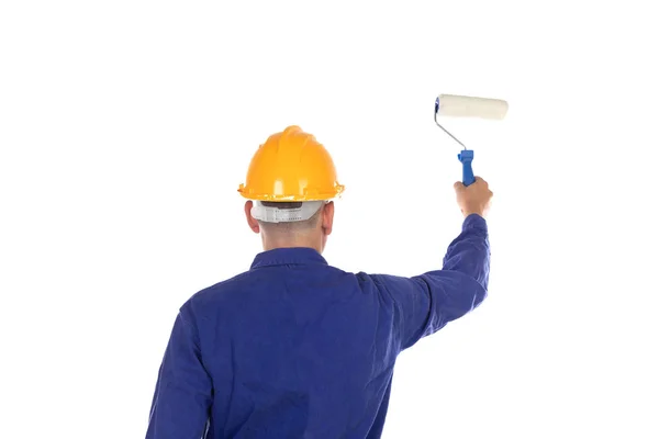 Construction painter with yellow helmet isolated on a white background