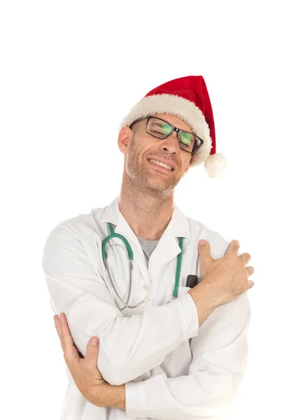 Stilig Läkare Med Jul Hatt Klädd Julhatt Isolerad Vit Bakgrund — Stockfoto