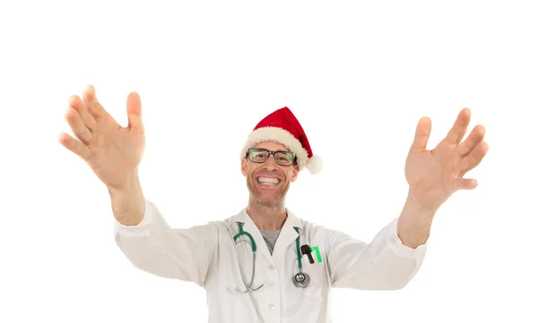 Stilig Läkare Med Jul Hatt Klädd Julhatt Isolerad Vit Bakgrund — Stockfoto