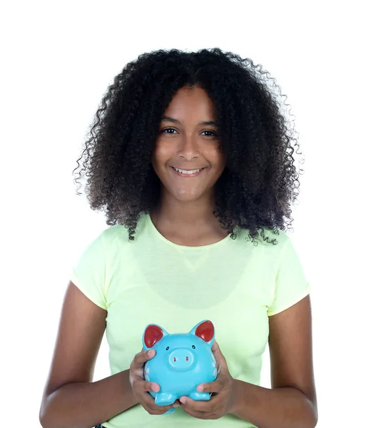 Saver teenager girl with afro hair and blue moneybox — Stock Photo, Image