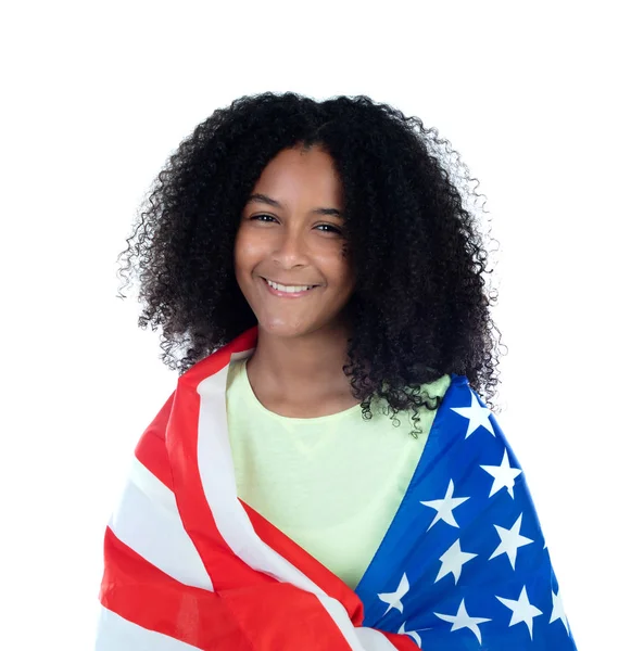 Menina africana com bandeira americana em seus ombros — Fotografia de Stock