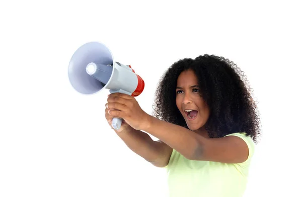 Beautiful african teenager girl with a megaphone — Stock Photo, Image