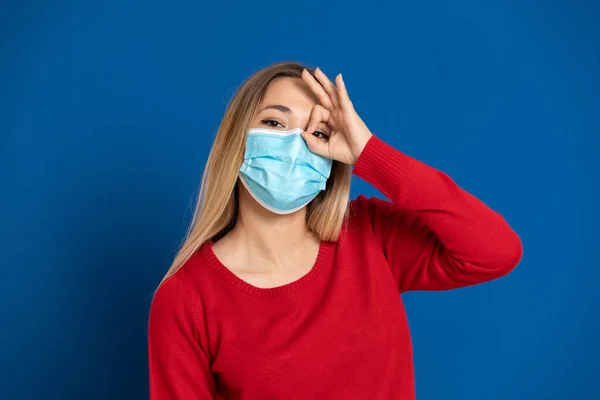 Blonde Girl Wearing Face Mask Blue Background — Stock Photo, Image