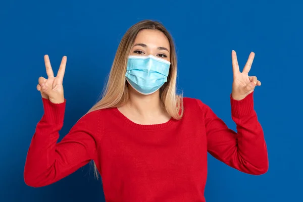 Blonde Girl Wearing Face Mask Blue Background — Stock Photo, Image